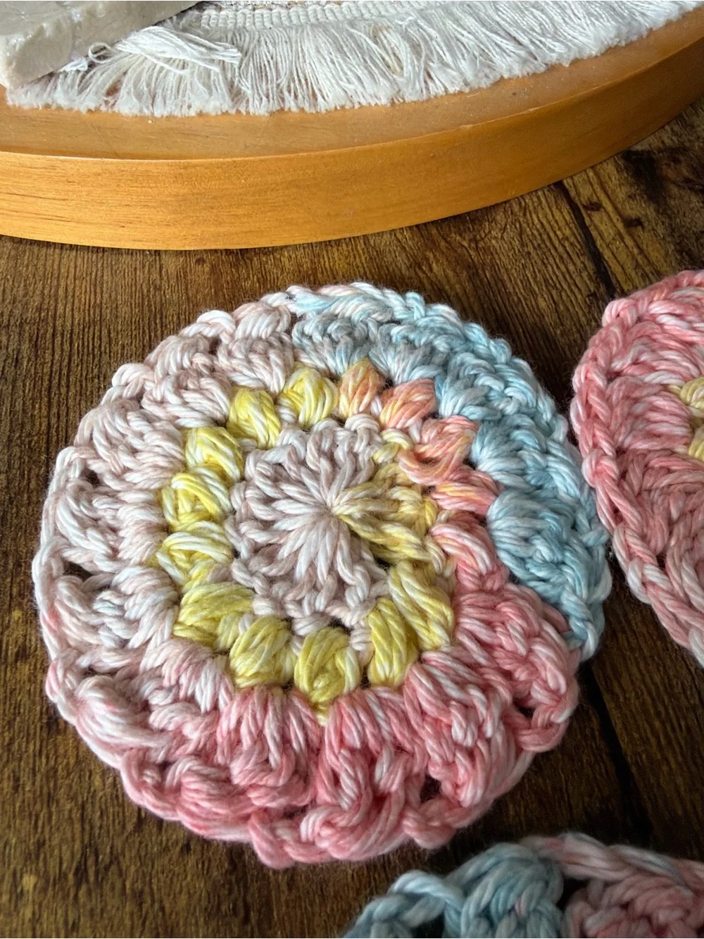 Hand Crafted Pastel Crochet Round Coasters in Pink, Blue, Gray, Cream